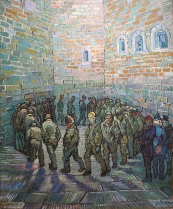 Vincent Van Gogh's painting "Prisoners' Round" shows a group of sad prisoners walking in a circle in the small space they've been given to exercise in.  They are relatively drab, in contrast to the bright blue uniforms of the guards watching them.